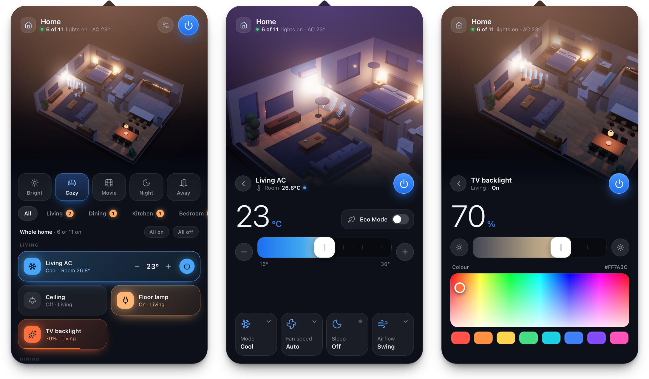 House Control's sample room, air-conditioner sheet and color picker; these are software renders, not photos.